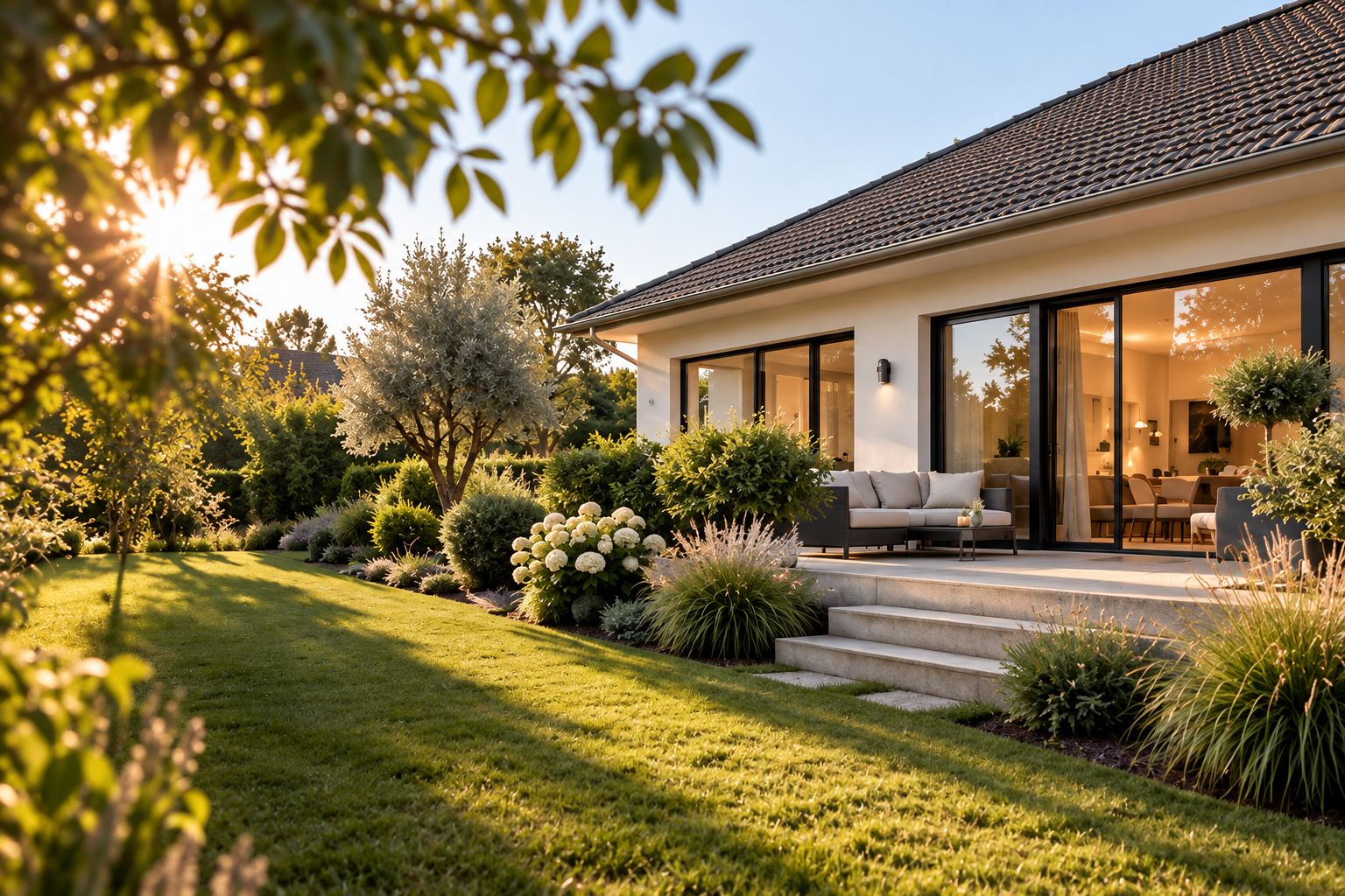 Einfamilienhaus mit Terrasse und gepflegtem Garten im Abendlicht