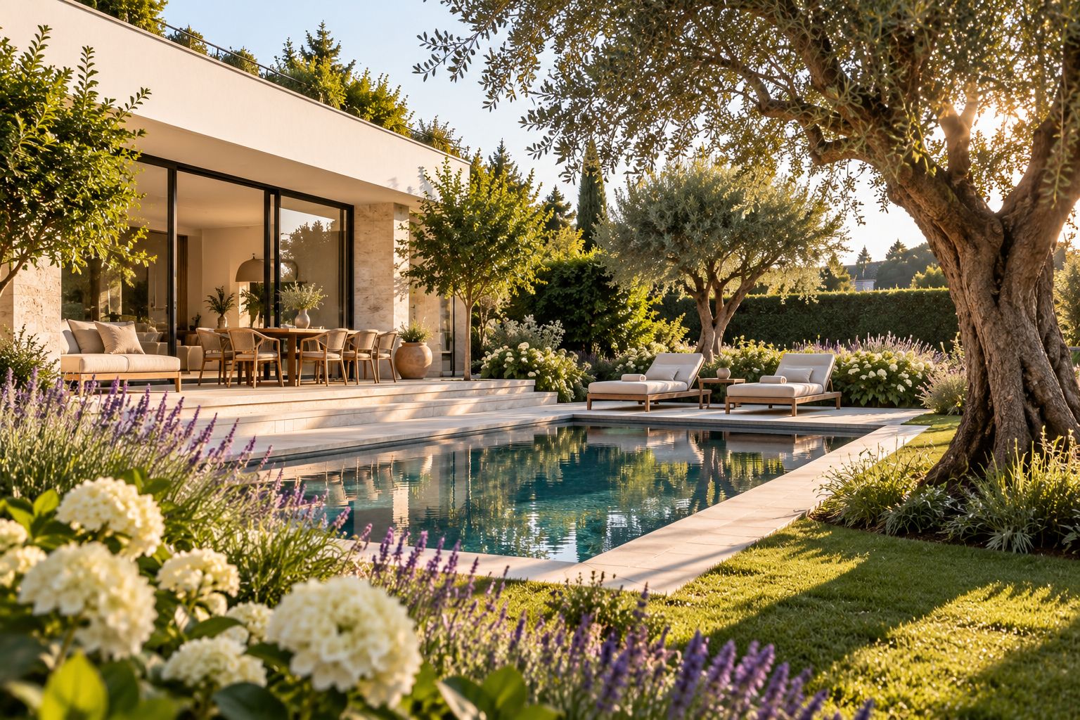 Modernes Wohnhaus mit Pool und mediterraner Gartengestaltung