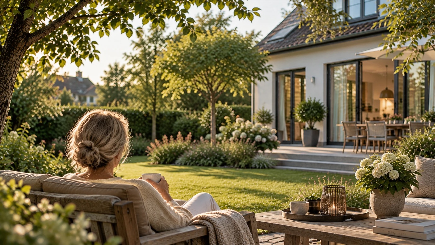 Eine Frau sitzt von hinten auf einer Gartenbank und blickt auf ein Wohnhaus mit Terrasse und Garten